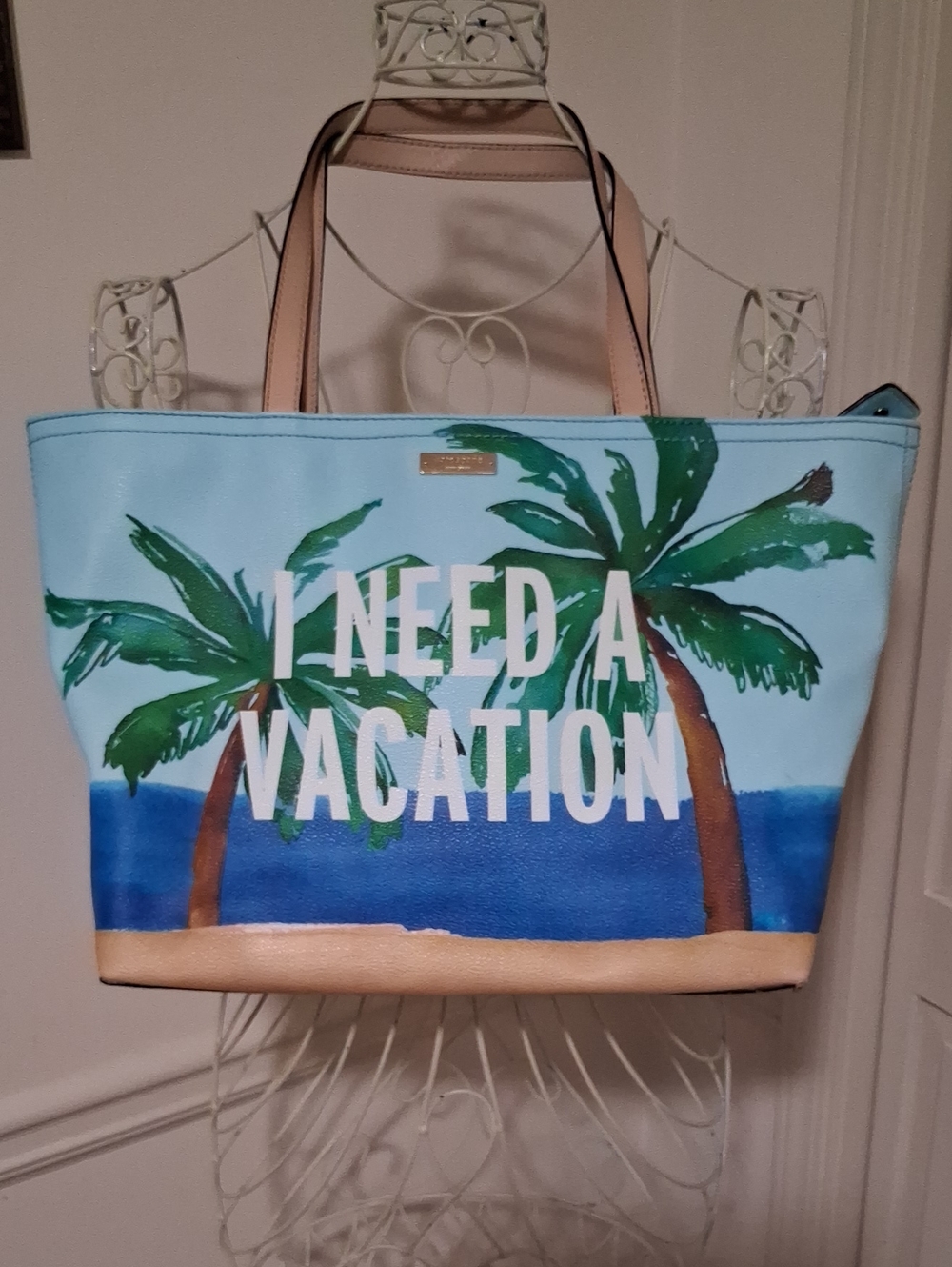 kate spade Light Blue Palm-Print Tote with Tan Straps